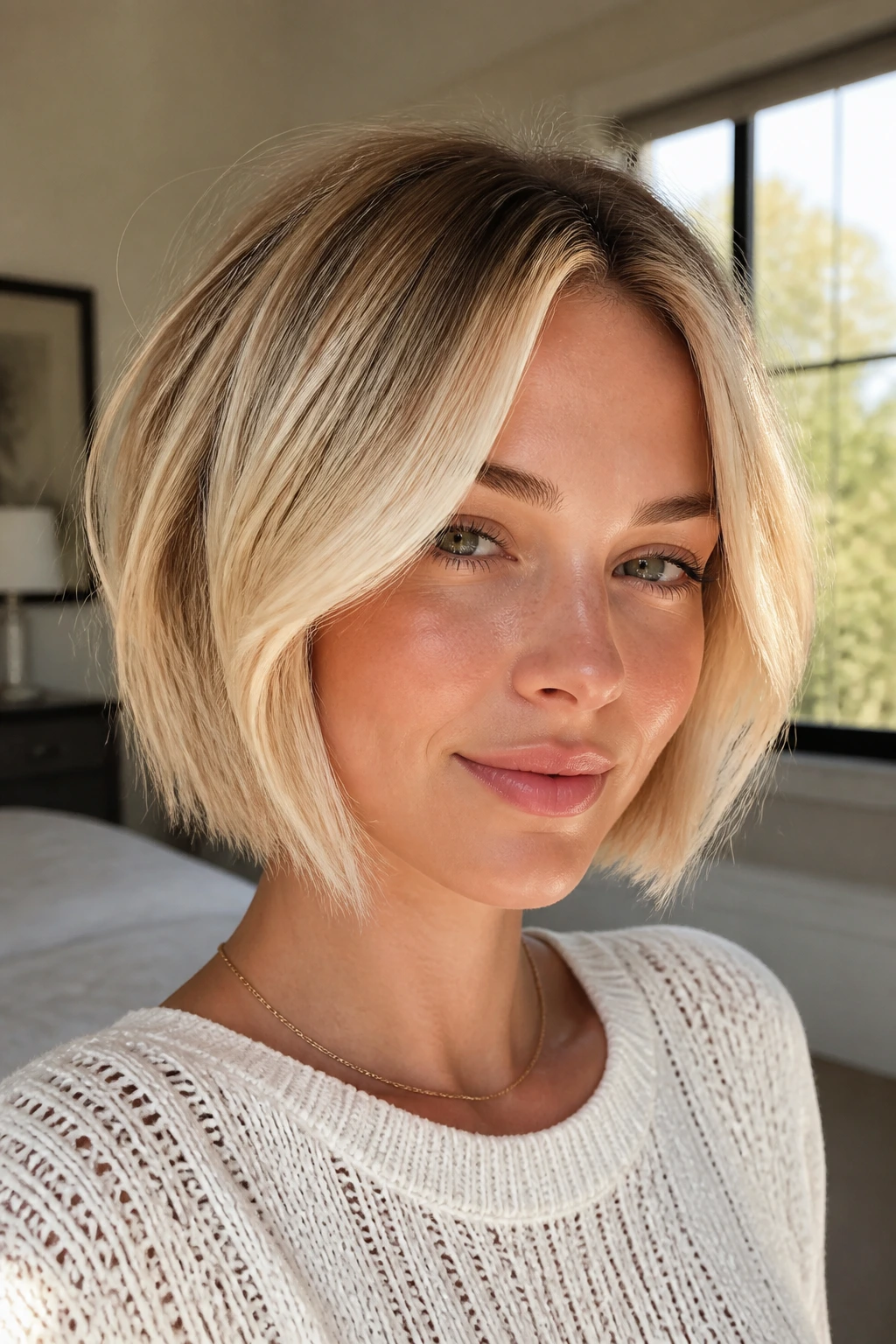 Close-up portrait of a woman with curtain-front brightening on a short blonde bob in natural window light