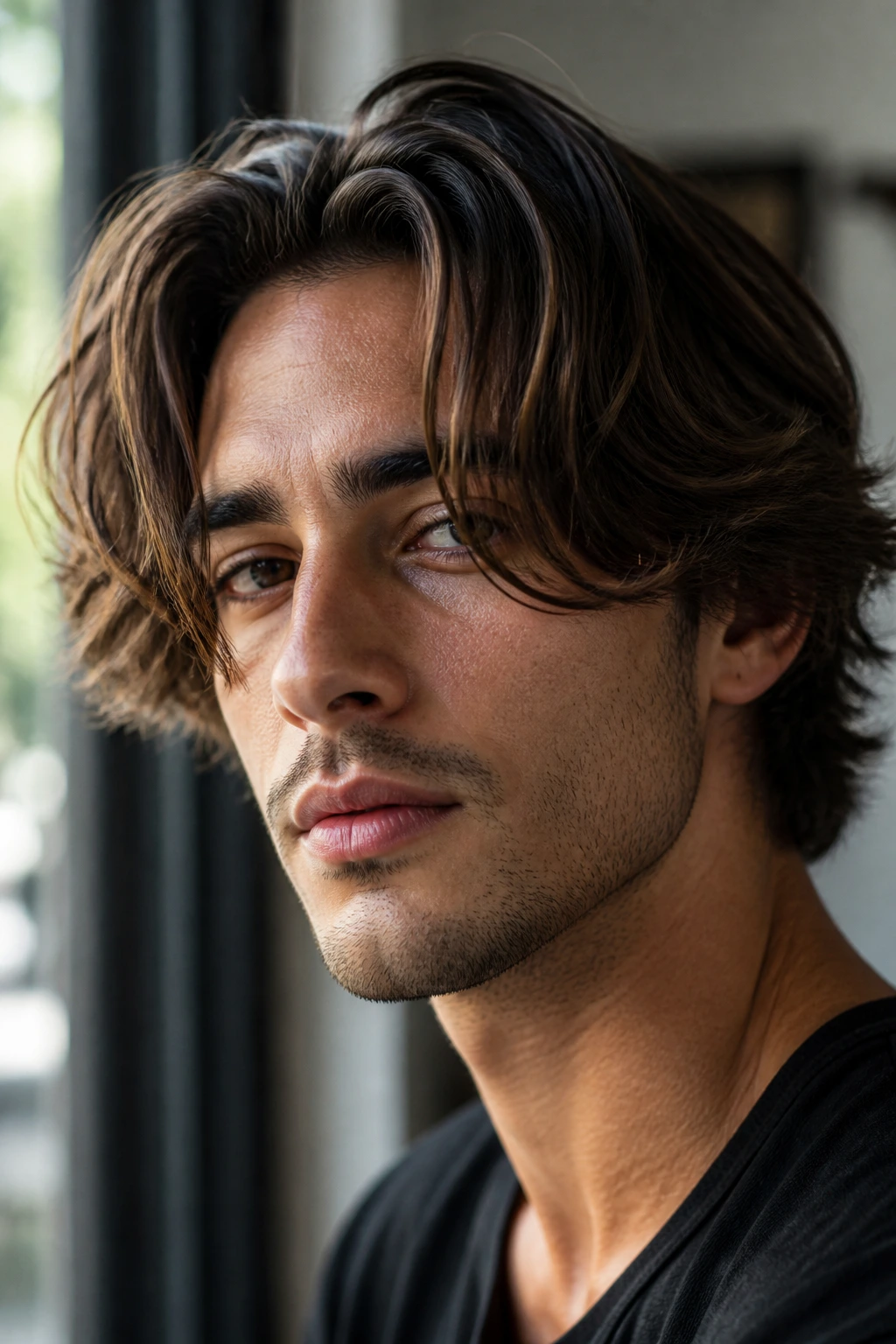 Close-up of a man with Curtain Haircut center part