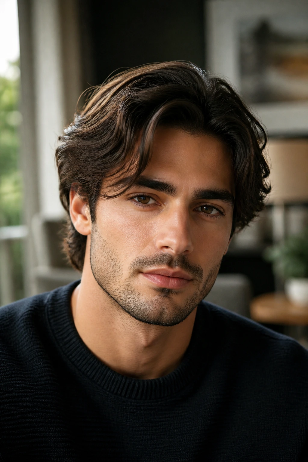 Man with curtain hairstyle and longer top parted off-center