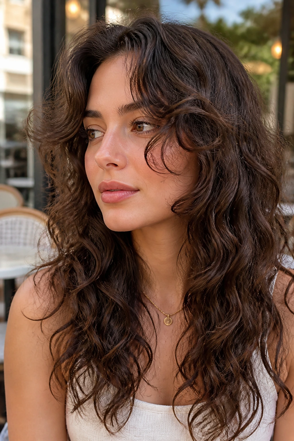 Close-up of a real woman with curtain layers surrounding loose spiral curls