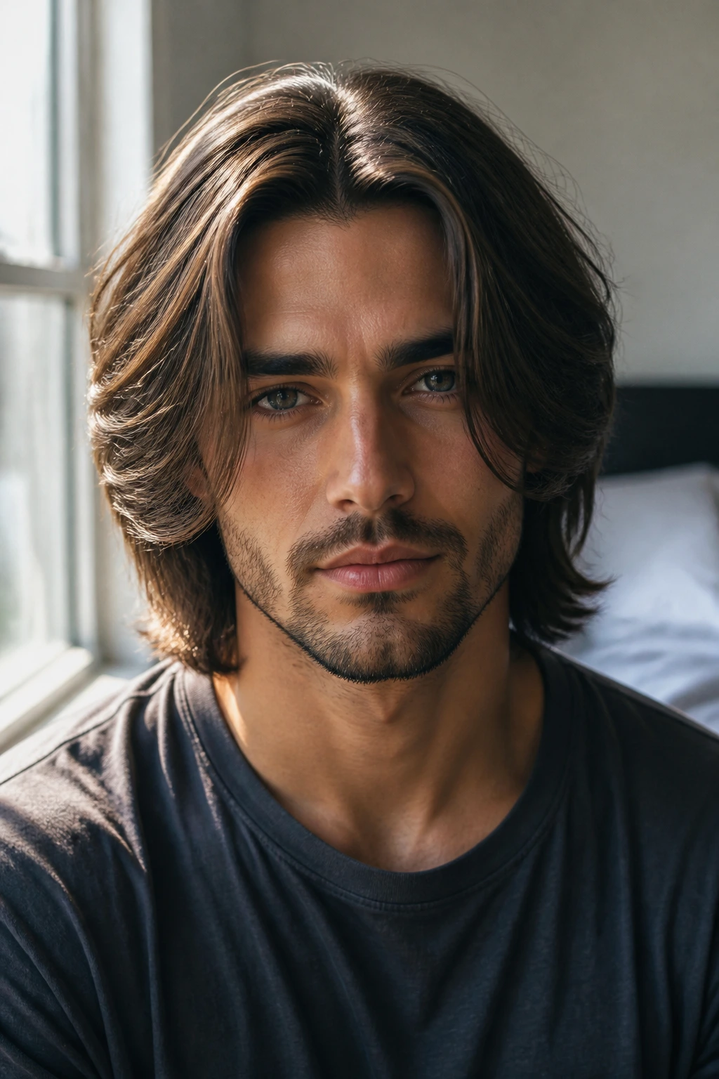 Close-up portrait of man with curtain length hair middle part