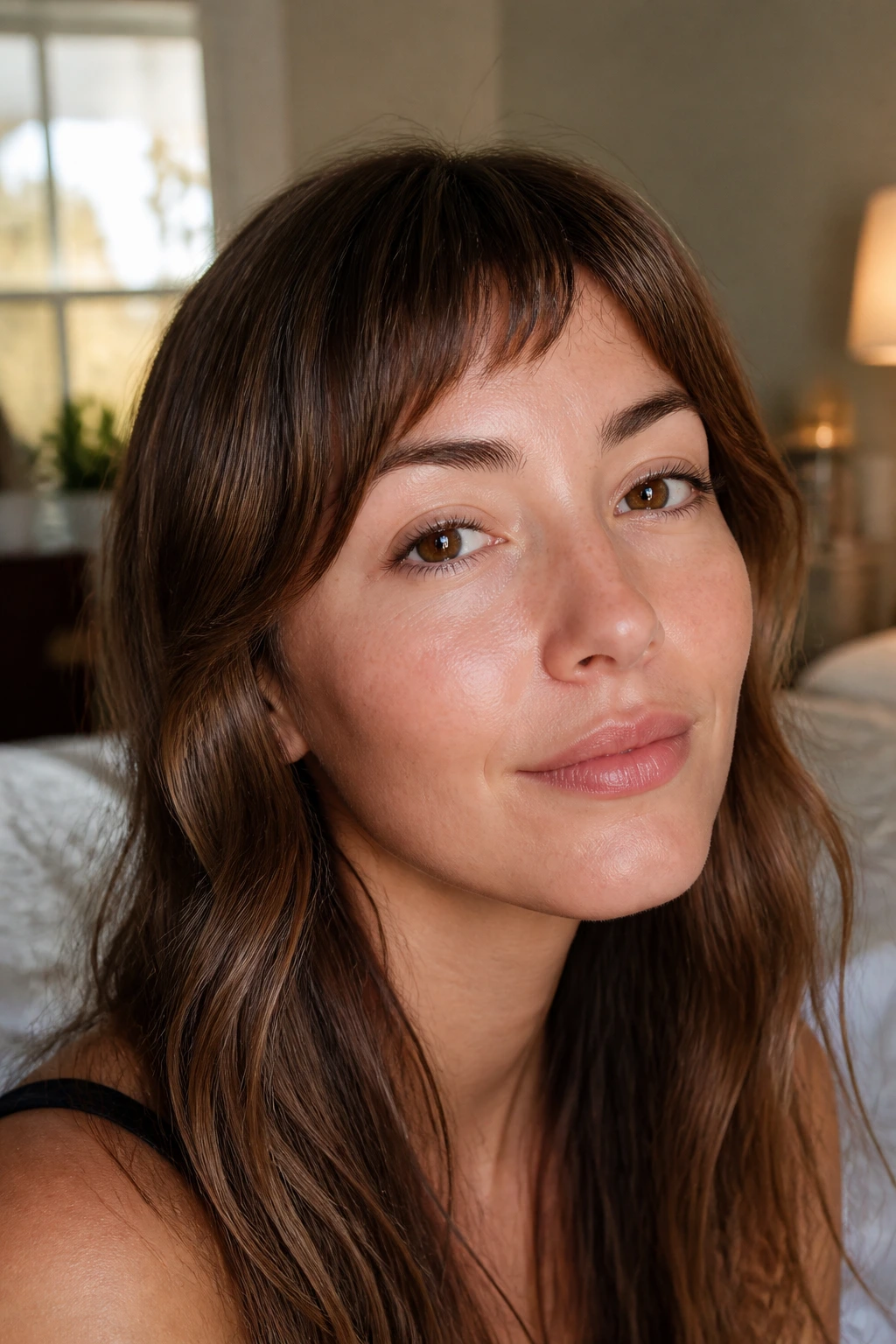 Close-up portrait of a real person with curtain-micro hybrid fringe in warm window light