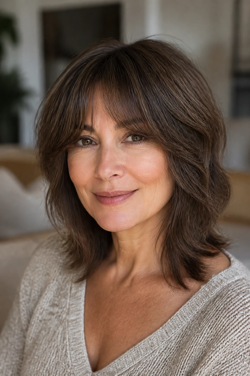 Portrait of a real woman with curtain-bang mocha shag showing framed forehead and cheekbone layers