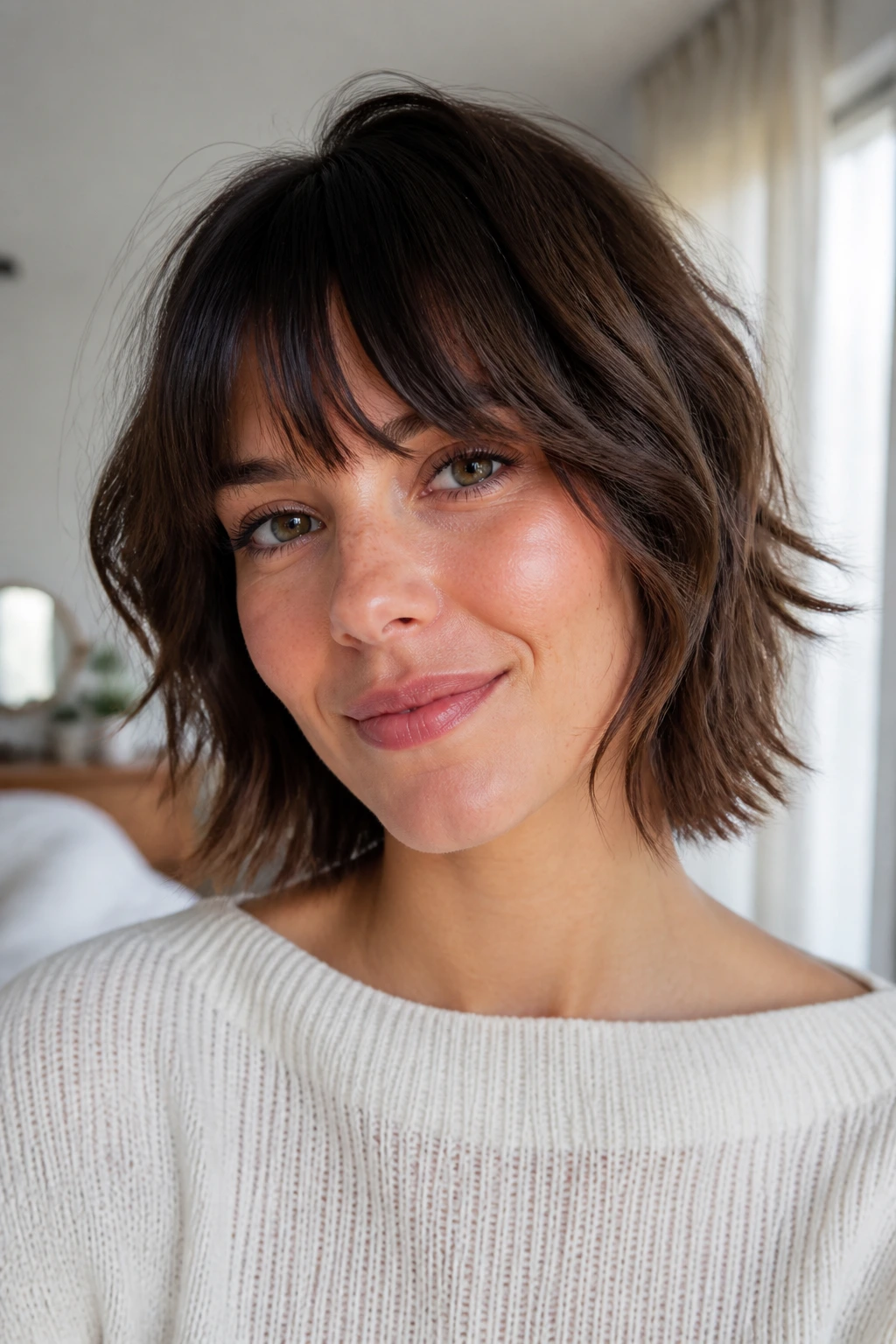 Close-up of a woman with curtain-skimming shag and brow-grazing bangs