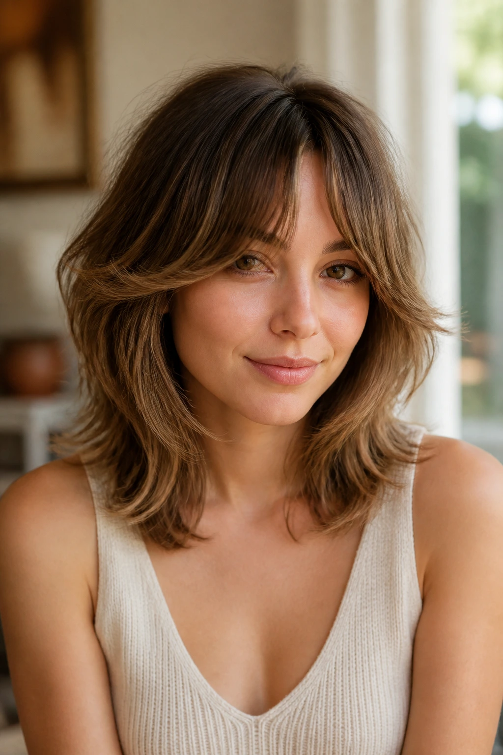 Close-up of a real woman with soft curtain shag showing face-framing layers and curtain bangs in warm light.