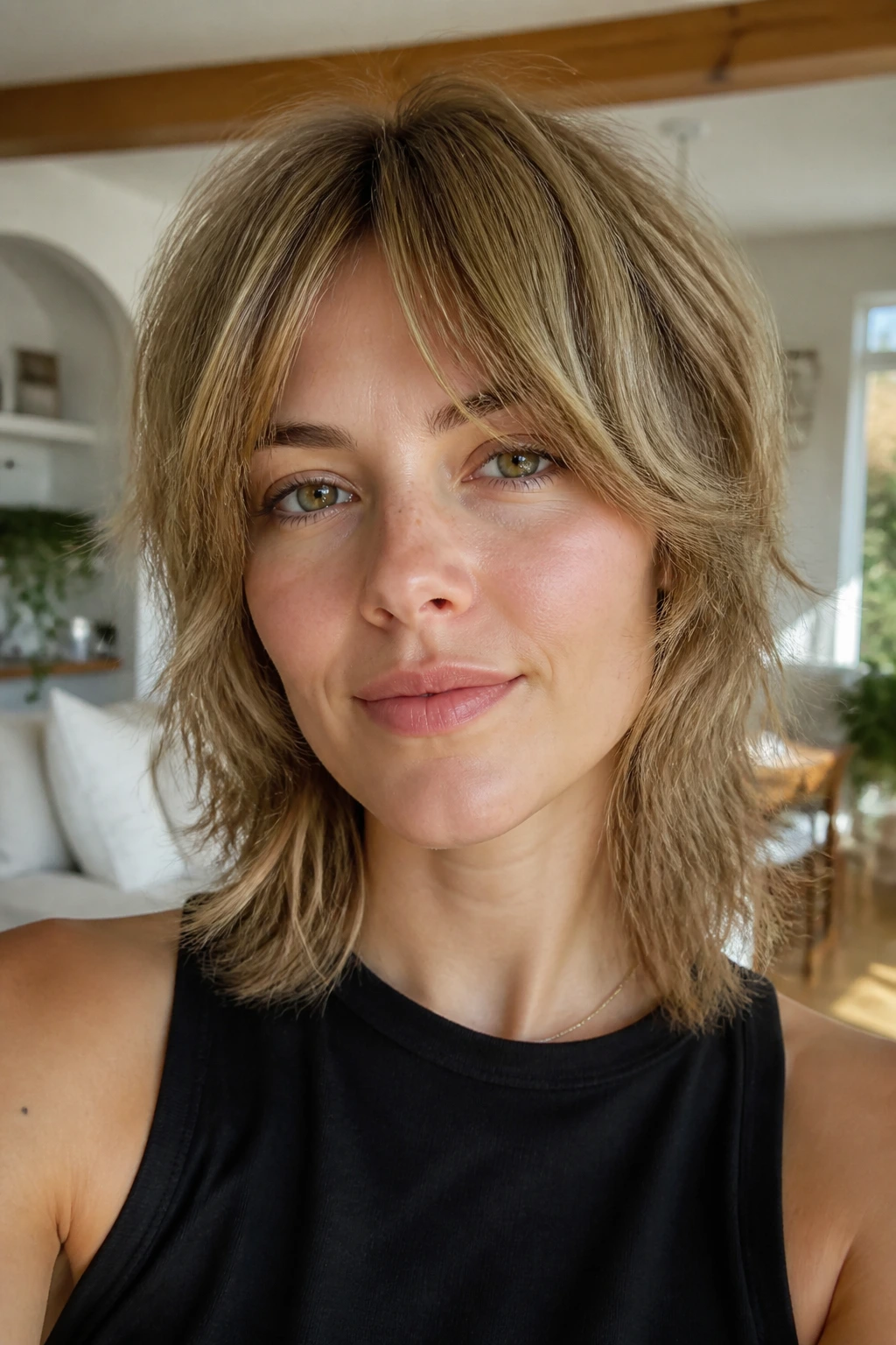 Close-up portrait of real person with curtain bang micro shag.