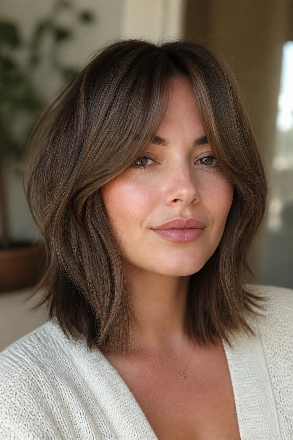 Portrait of a real woman with curtain bangs and square side layers