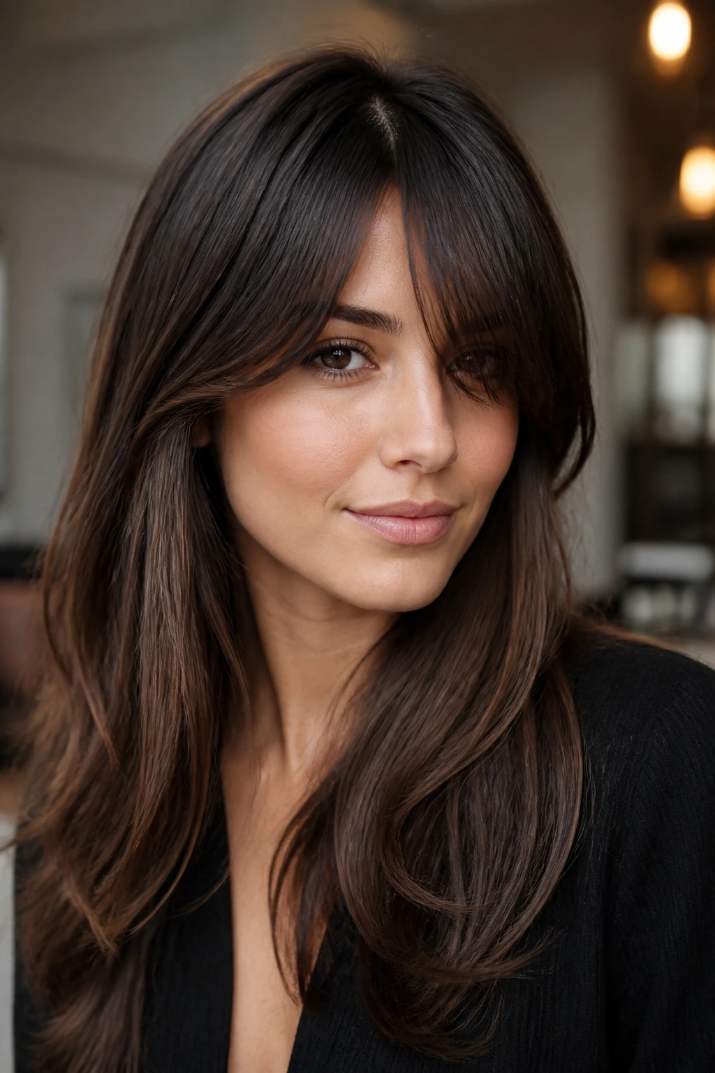 Real person with curtain-side hybrid bangs looking to camera