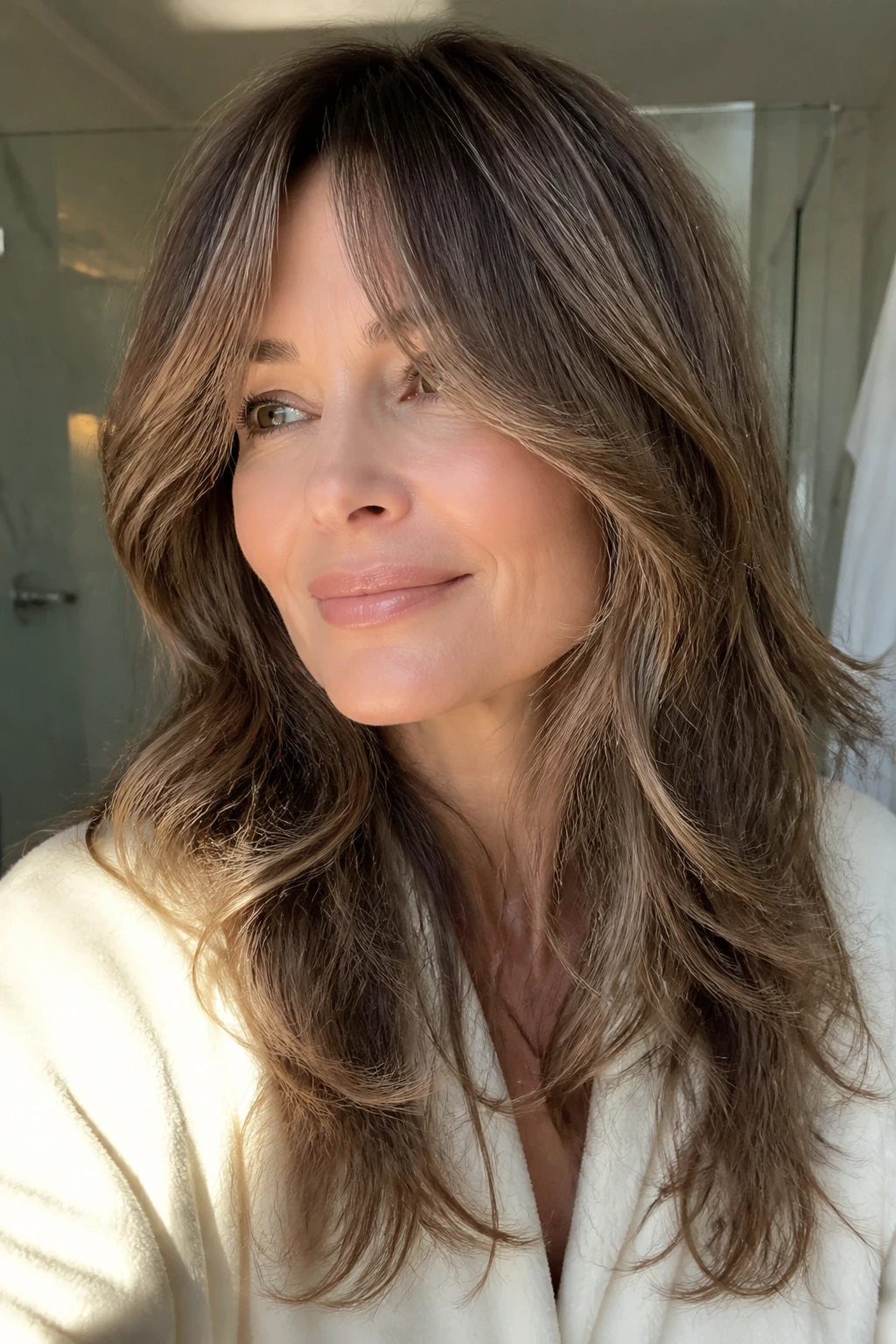 Close-up of a real woman showing a soft curtain sweep long shag variation in natural light