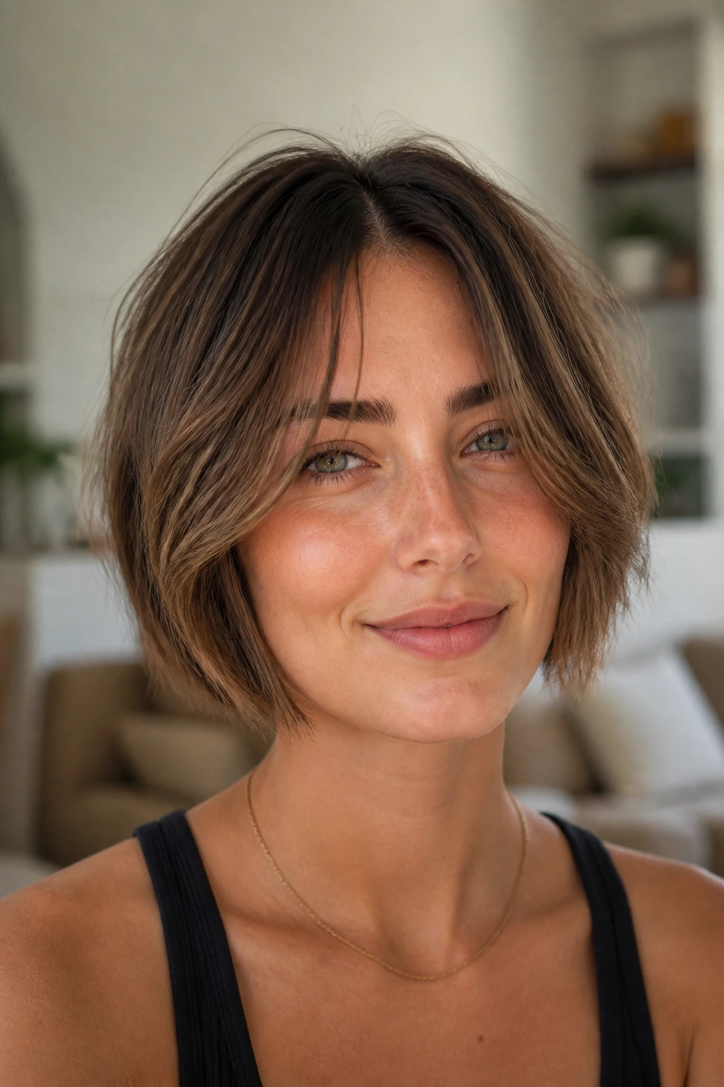 Portrait of a woman with curtain wisps split at chin-length cut