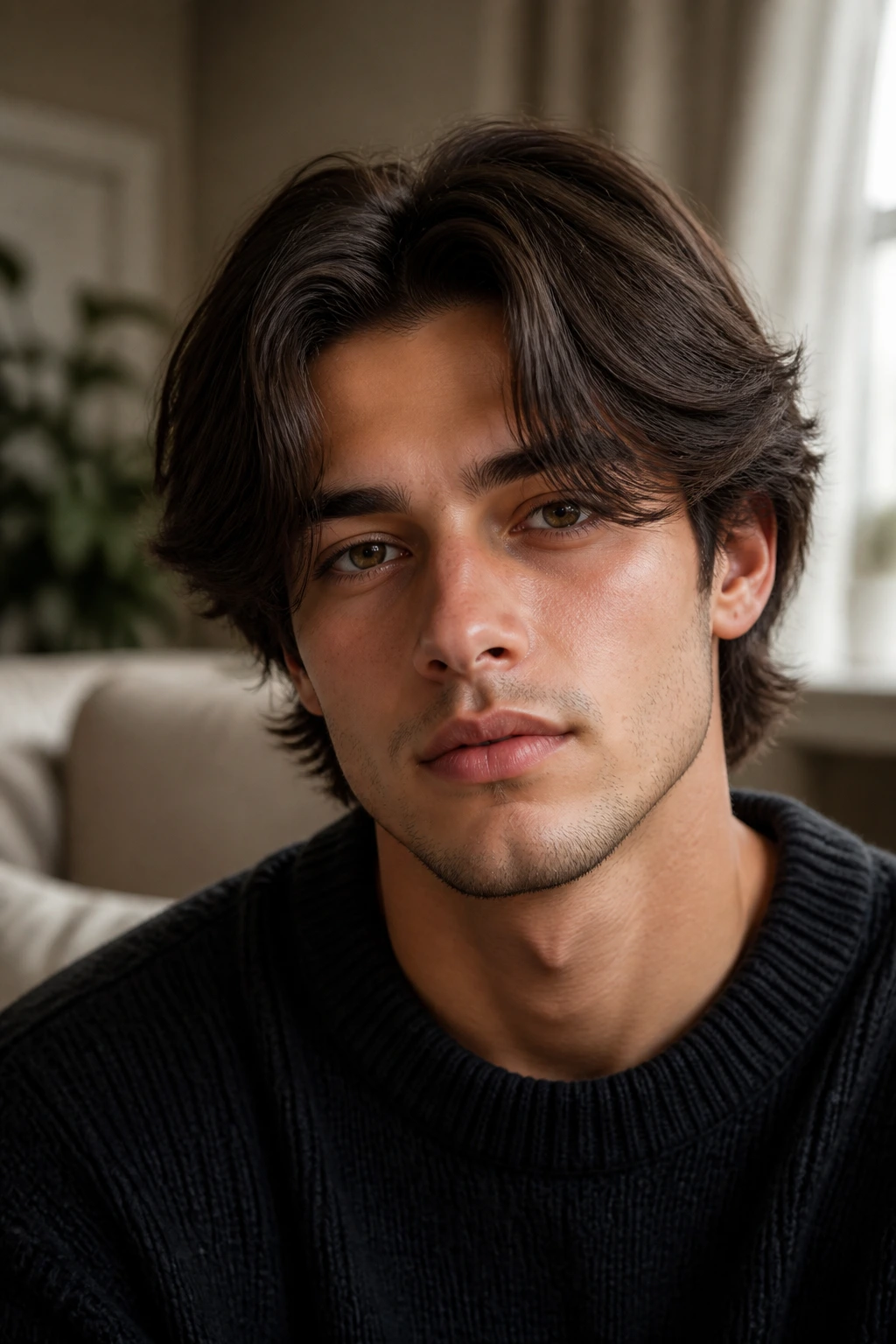 Close-up of a person with curtains hairstyle and face-framing layers indoors