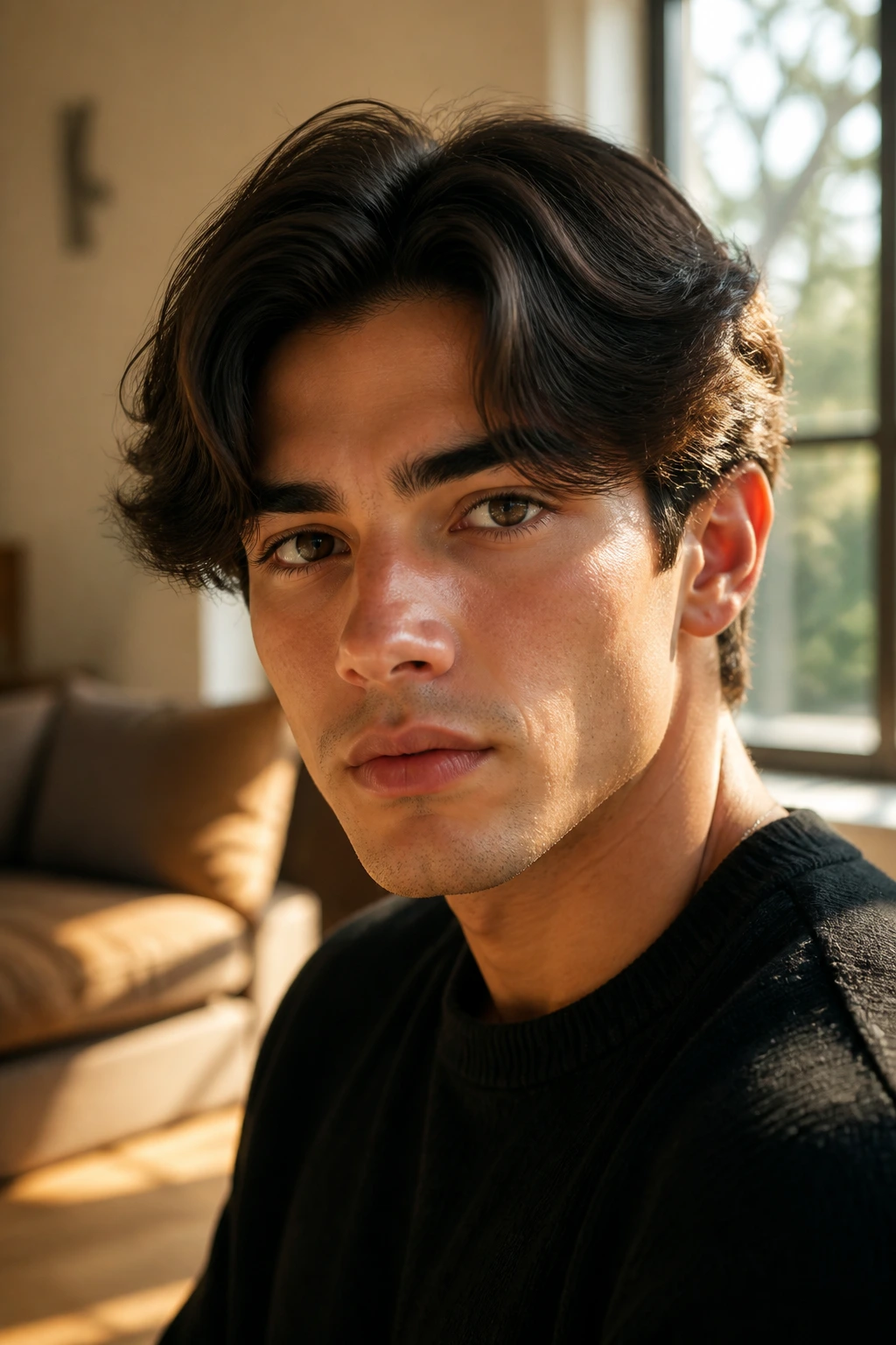 Portrait of a man with curtains hairstyle in a sunlit living room