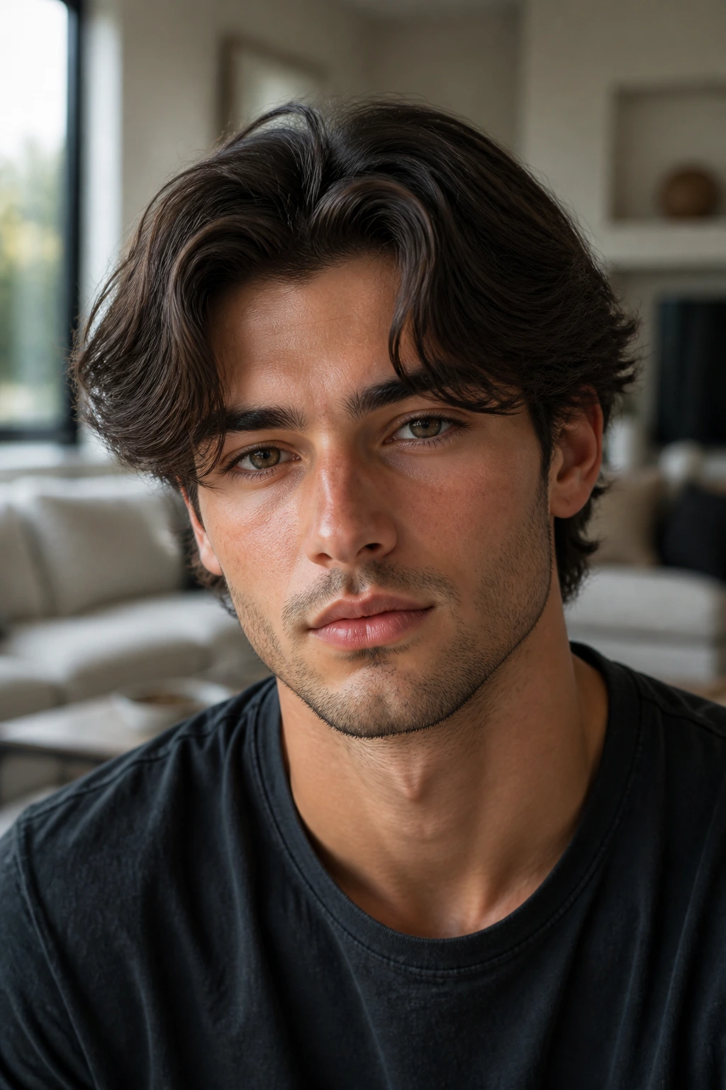 Close-up of a real man with curtains hairstyle in a modern living room.