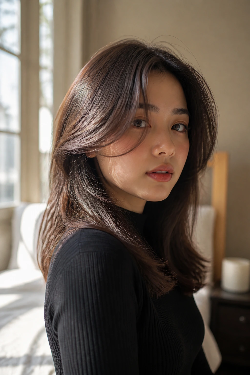 Close-up of a real person with a face-framing curve cut visible at the cheek.