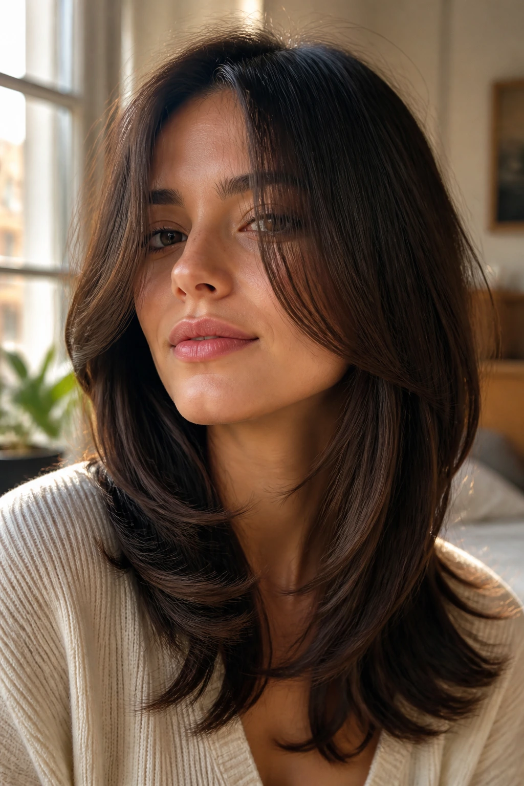 Close-up portrait of a real woman showing a curve cut hairstyle with front pieces grazing the cheeks