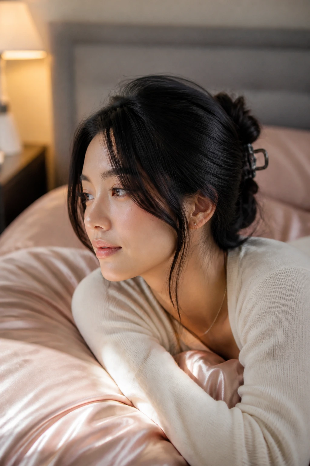 Real person with curve cut face-framing kept in place by a loose bun for night; satin pillow in background.
