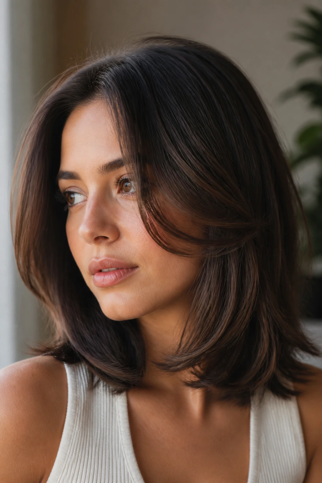 Portrait showing a curve-cut hairstyle with a deliberate front bend on a real person.