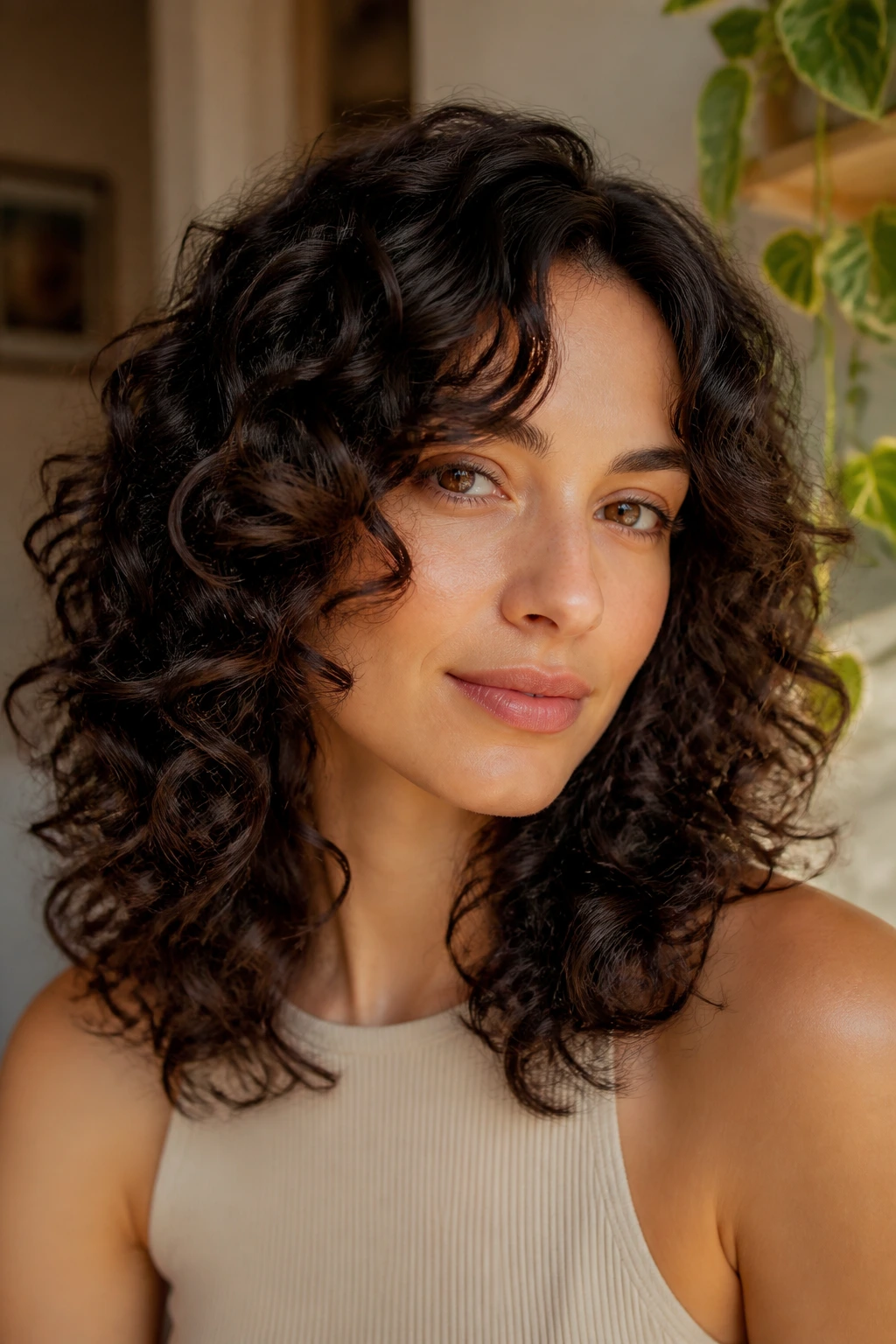 Real person with curve cut variation suited for curly hair, front frame shaping curls softly.
