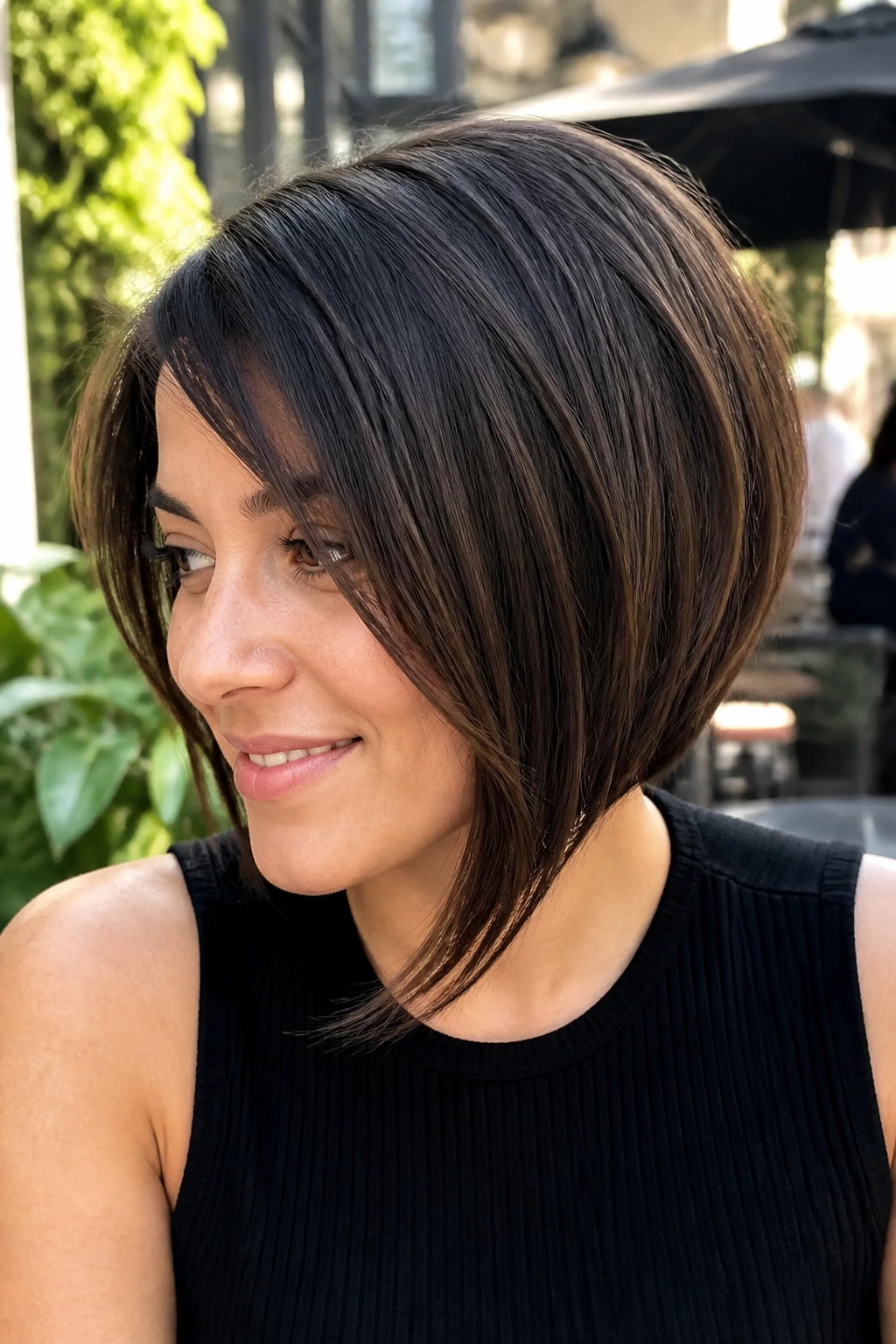 Portrait of a person with a curved asymmetrical bob suitable for thick hair.