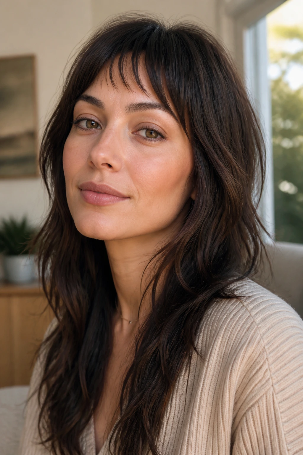 Portrait of a real woman with curved-bang shag softening a high forehead