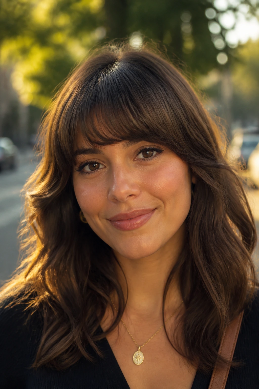 Portrait of a woman with curved bangs arc across the forehead.