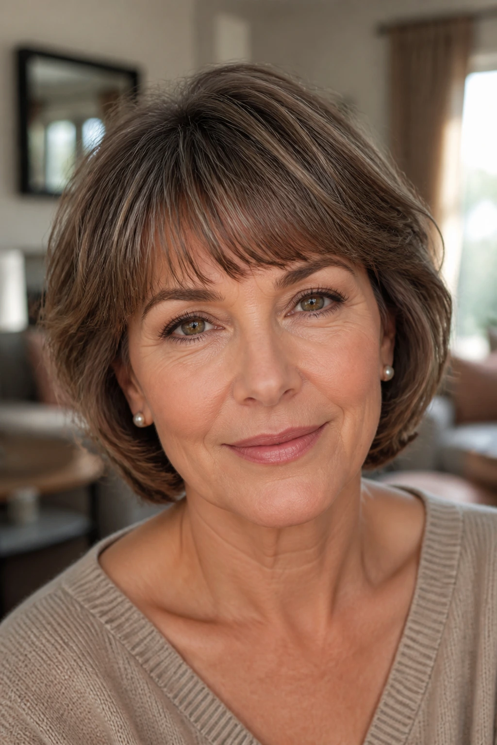Close-up portrait of a real woman with curved bangs following the brow line