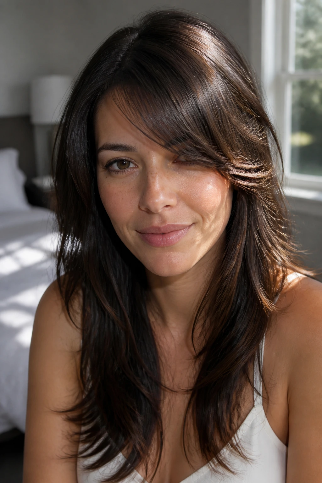 Close-up of a woman with curved side bangs ending at the cheekbone in warm light