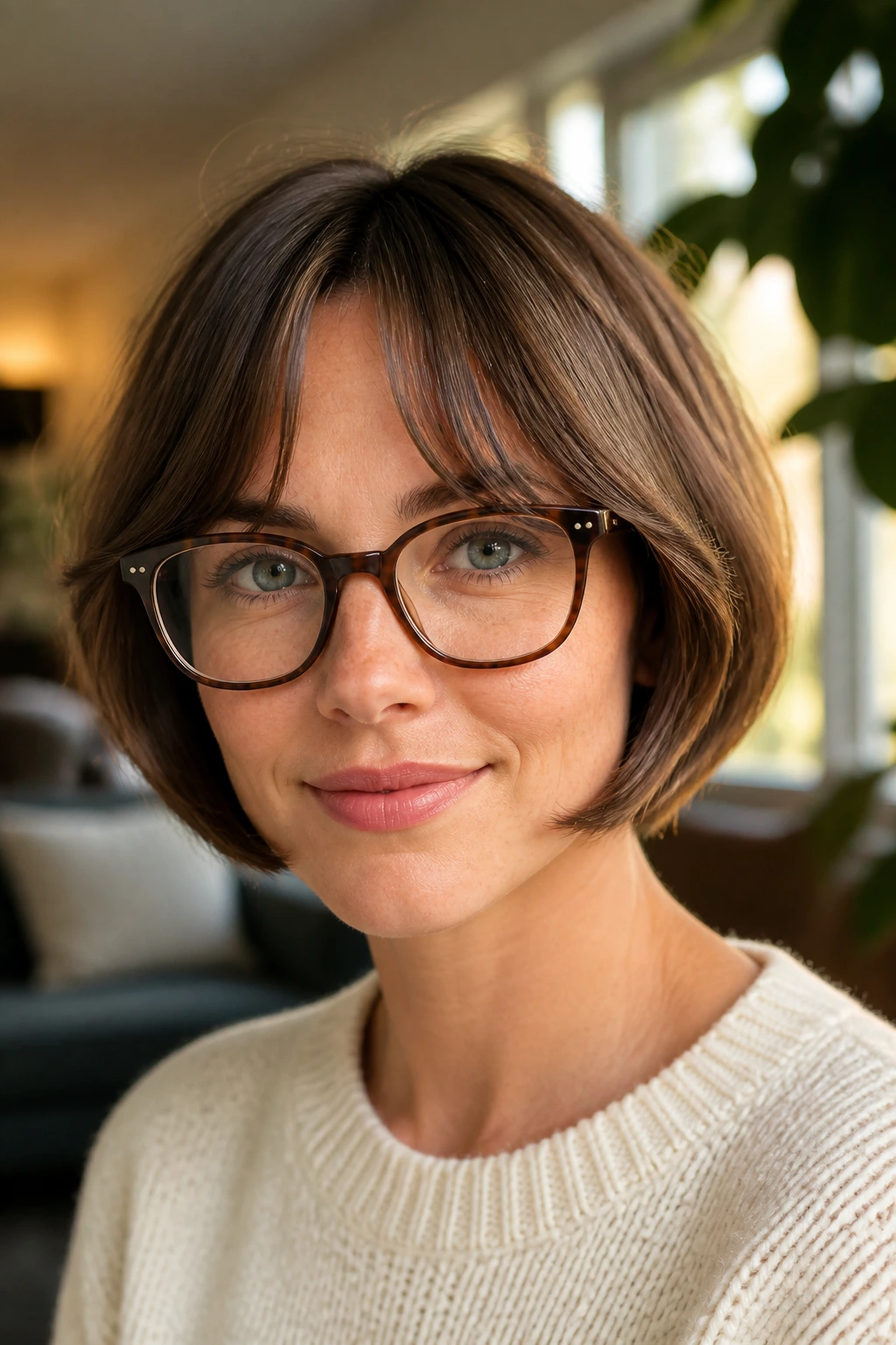 Close-up portrait of a real woman with curved curtain bangs and glasses in a cozy living room