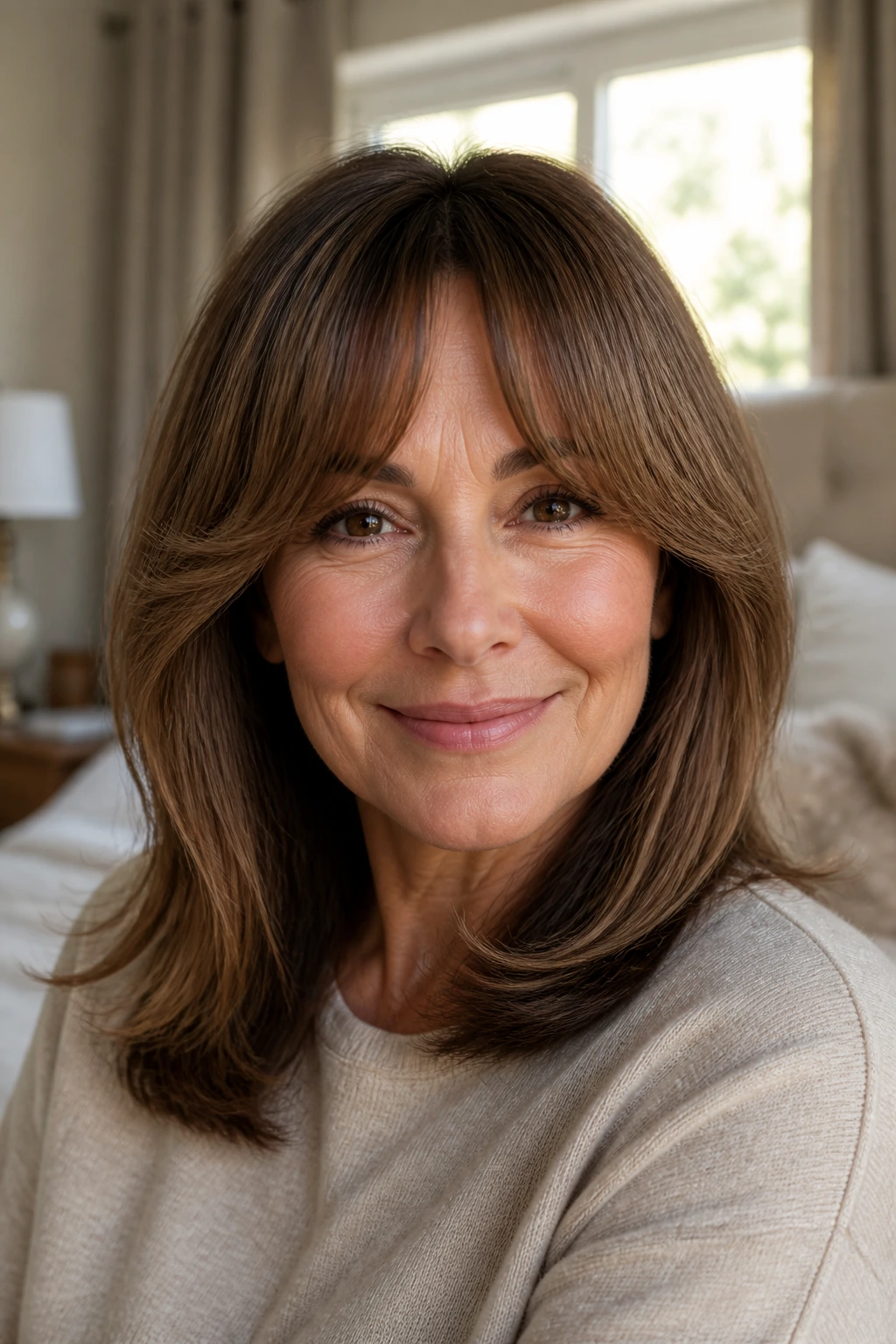 Close-up of a real woman with curved C-shaped bangs framing the brow in warm natural light