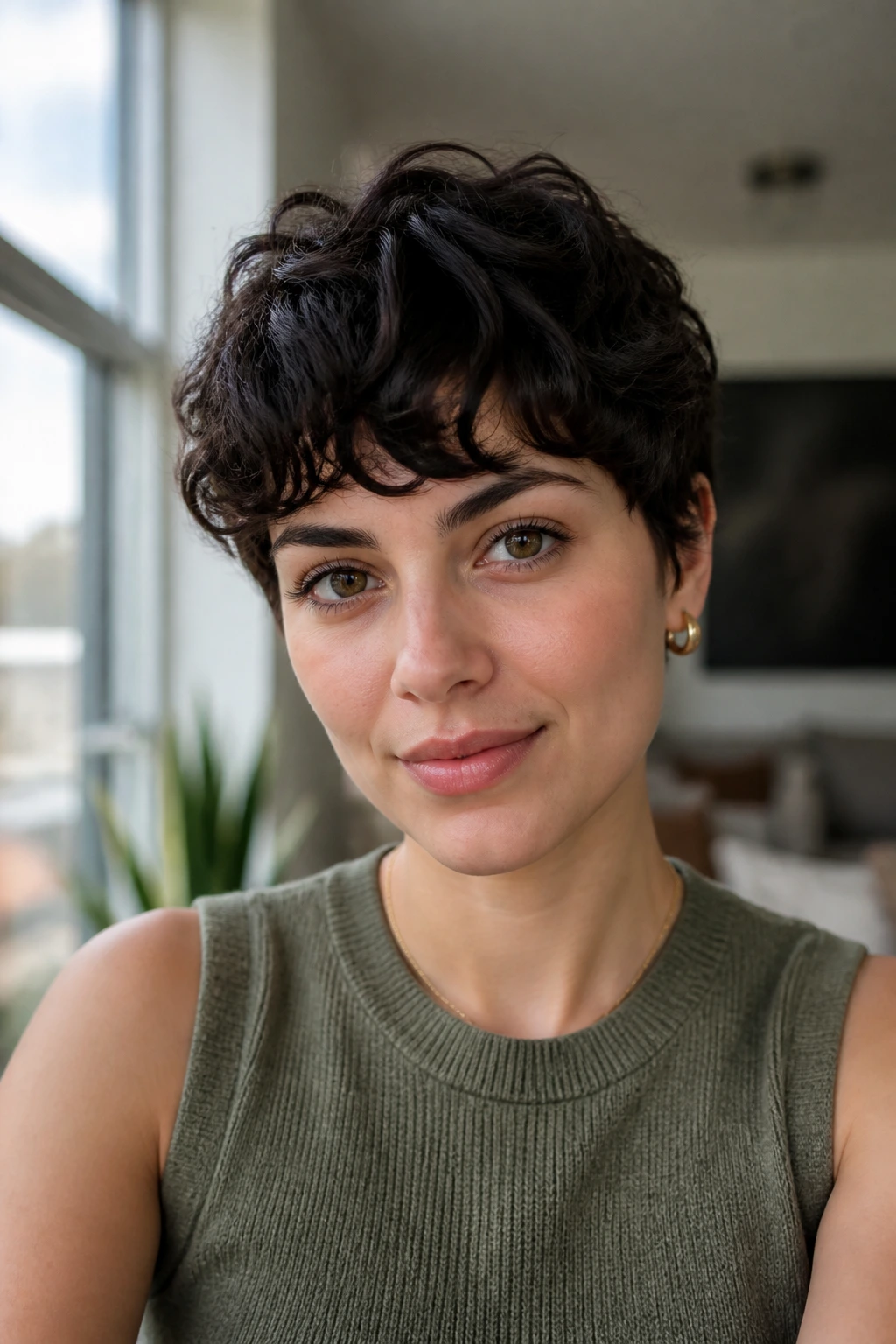 Close-up of person with curved bangs pixie hairstyle
