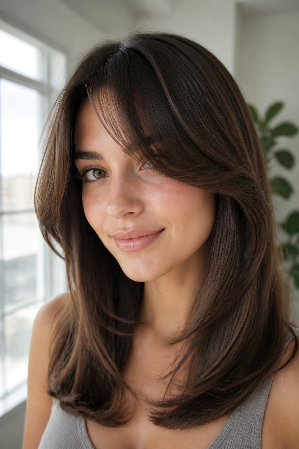 Portrait of a person with curved blowout bangs