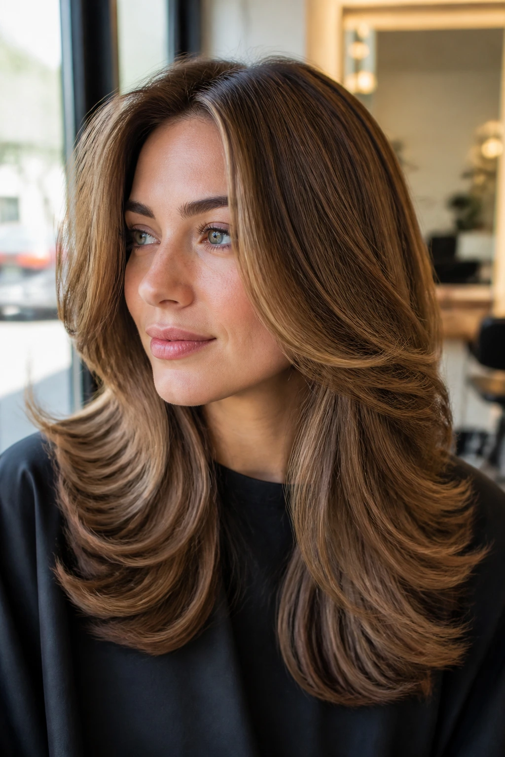 Real-person portrait showing curved blowout with feathered layers and face-framing movement.