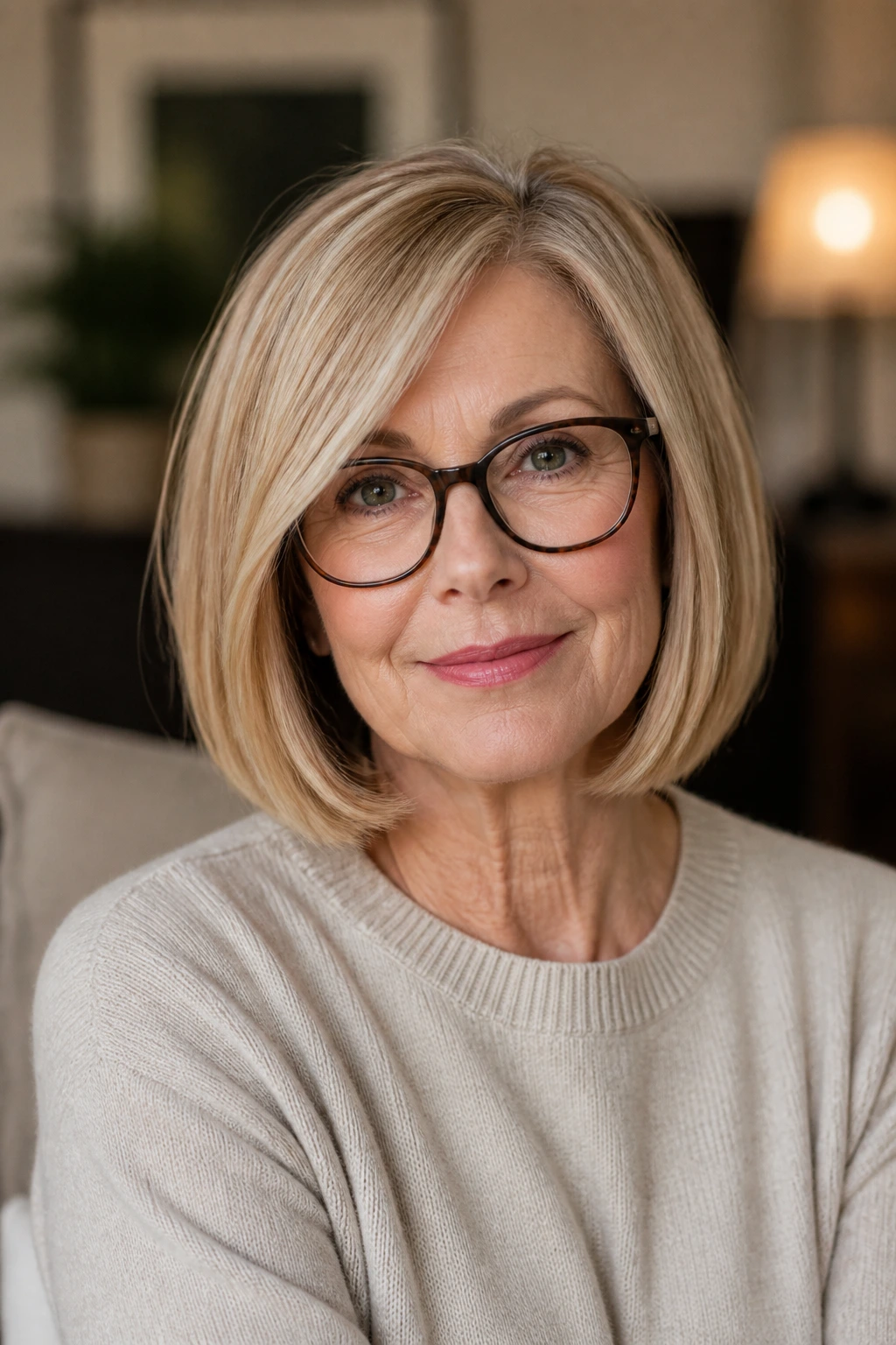 Close-up of a woman with a curved blunt lob hairstyle