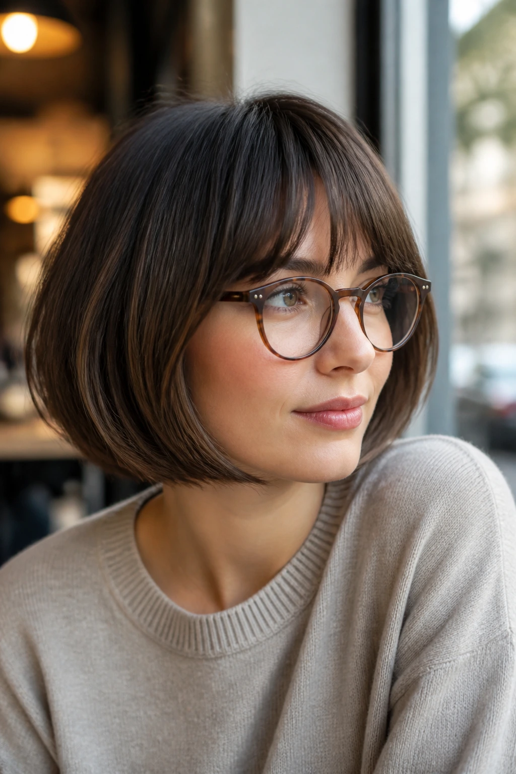 Portrait of a real woman with curved bob and bottleneck fringe in a cafe setting.