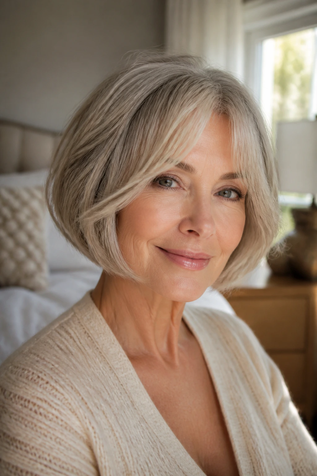 Close-up portrait of a real woman with curved bob and light curtain bangs in warm bedroom light.