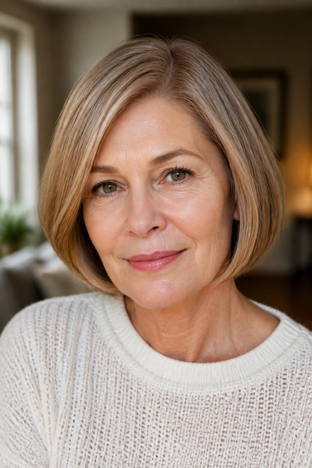 Real woman with curved bob hugging the jaw in close-up.