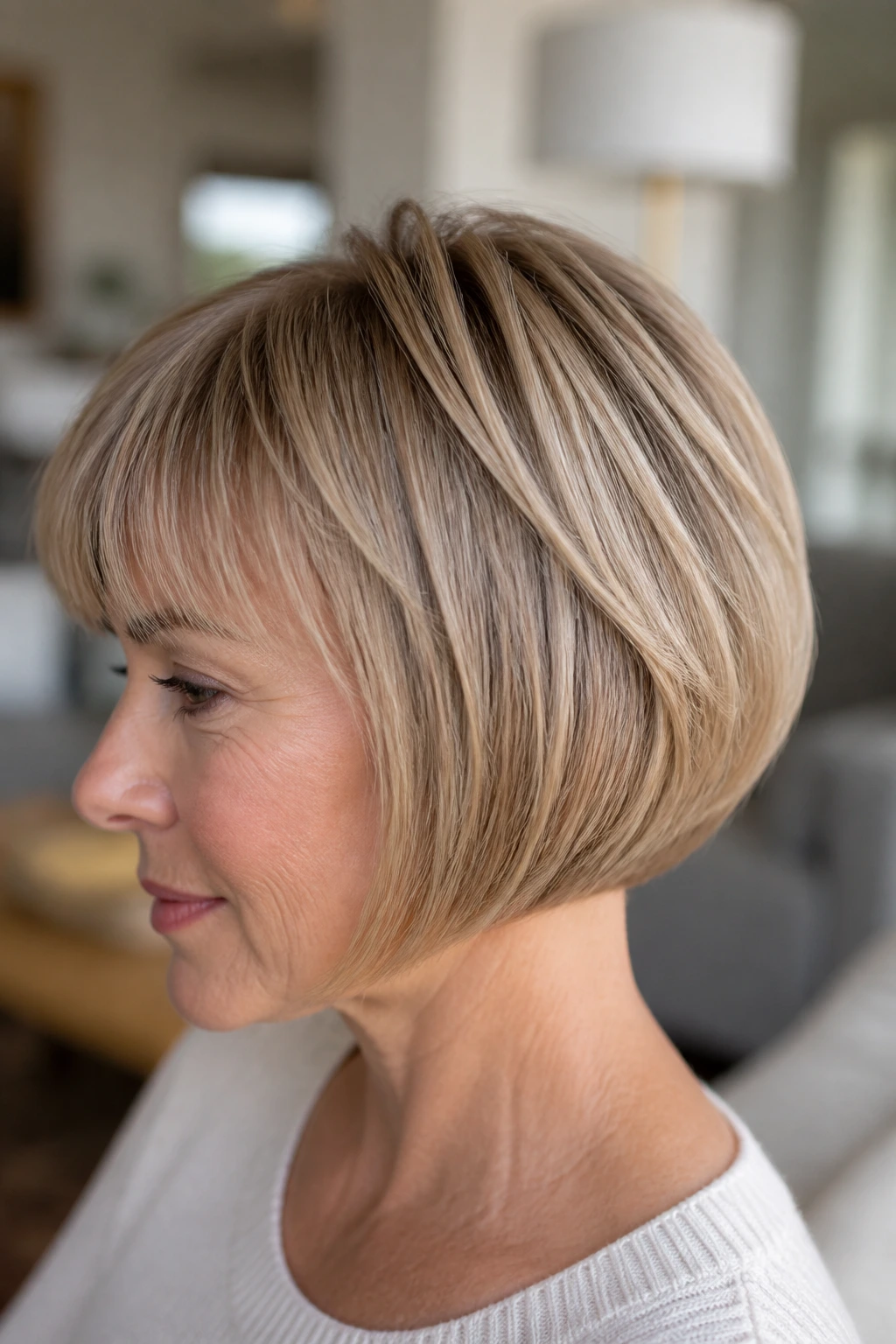 Close-up portrait of a real person with a curved bob-pageboy and micro layers