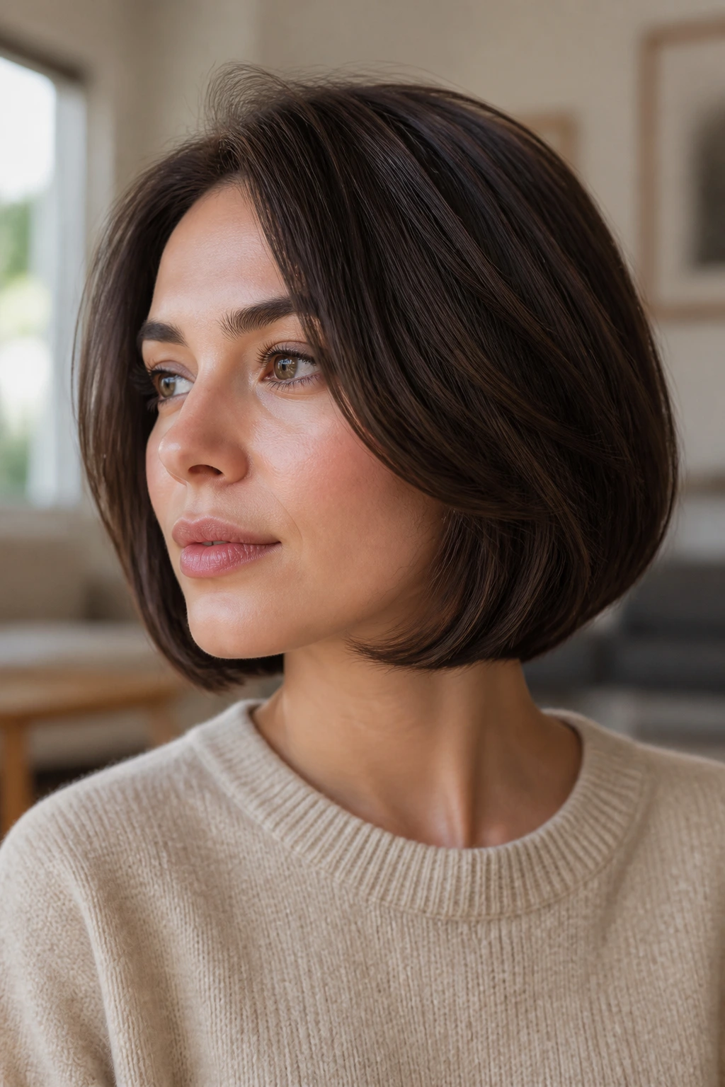 Close-up of a real woman with a curved bob and rounded ends