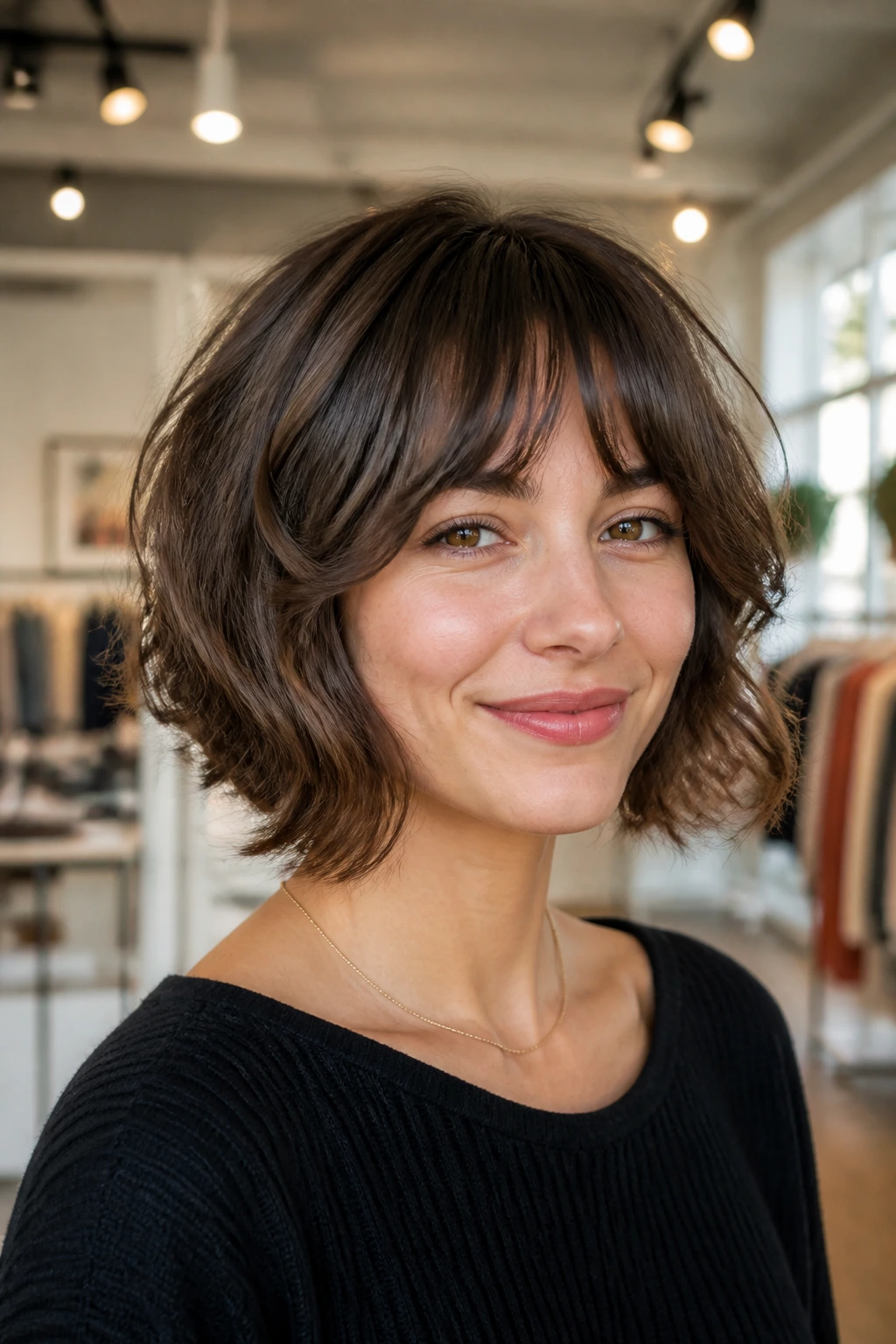 Real person with curved bob shag and swoopy bangs in boutique setting
