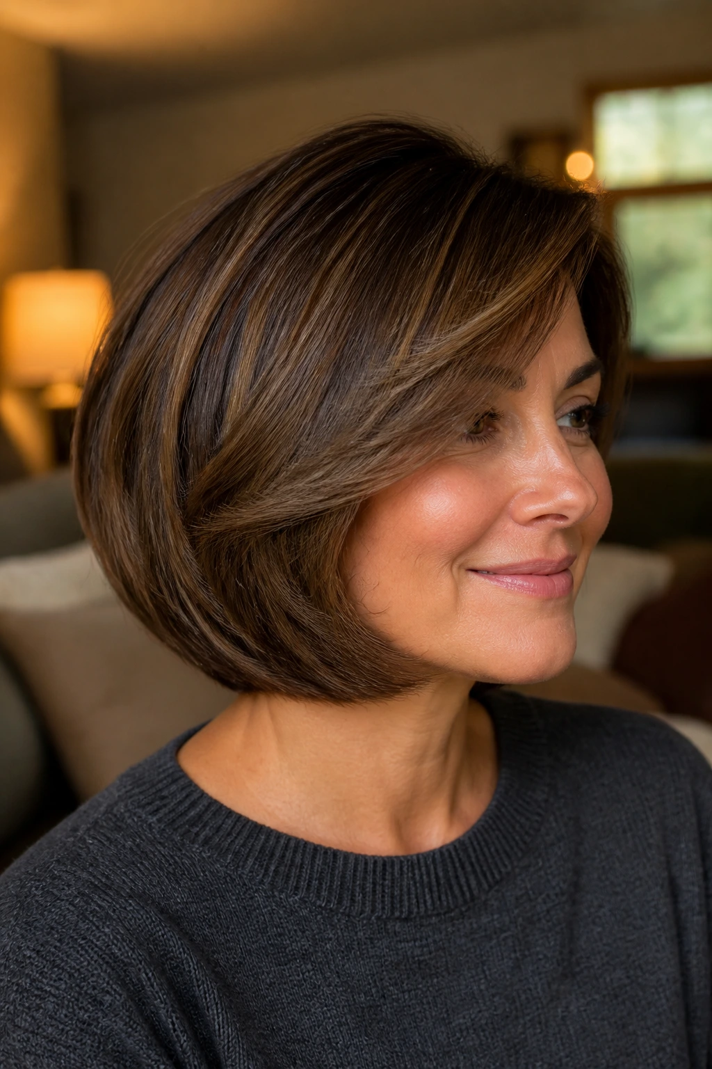 Close-up of curved bob with side sweep on a real person in a warm living room.