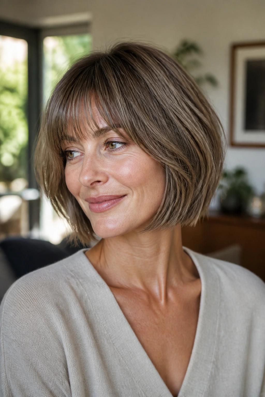 Close-up portrait of a curved bob with soft broken ends under natural light
