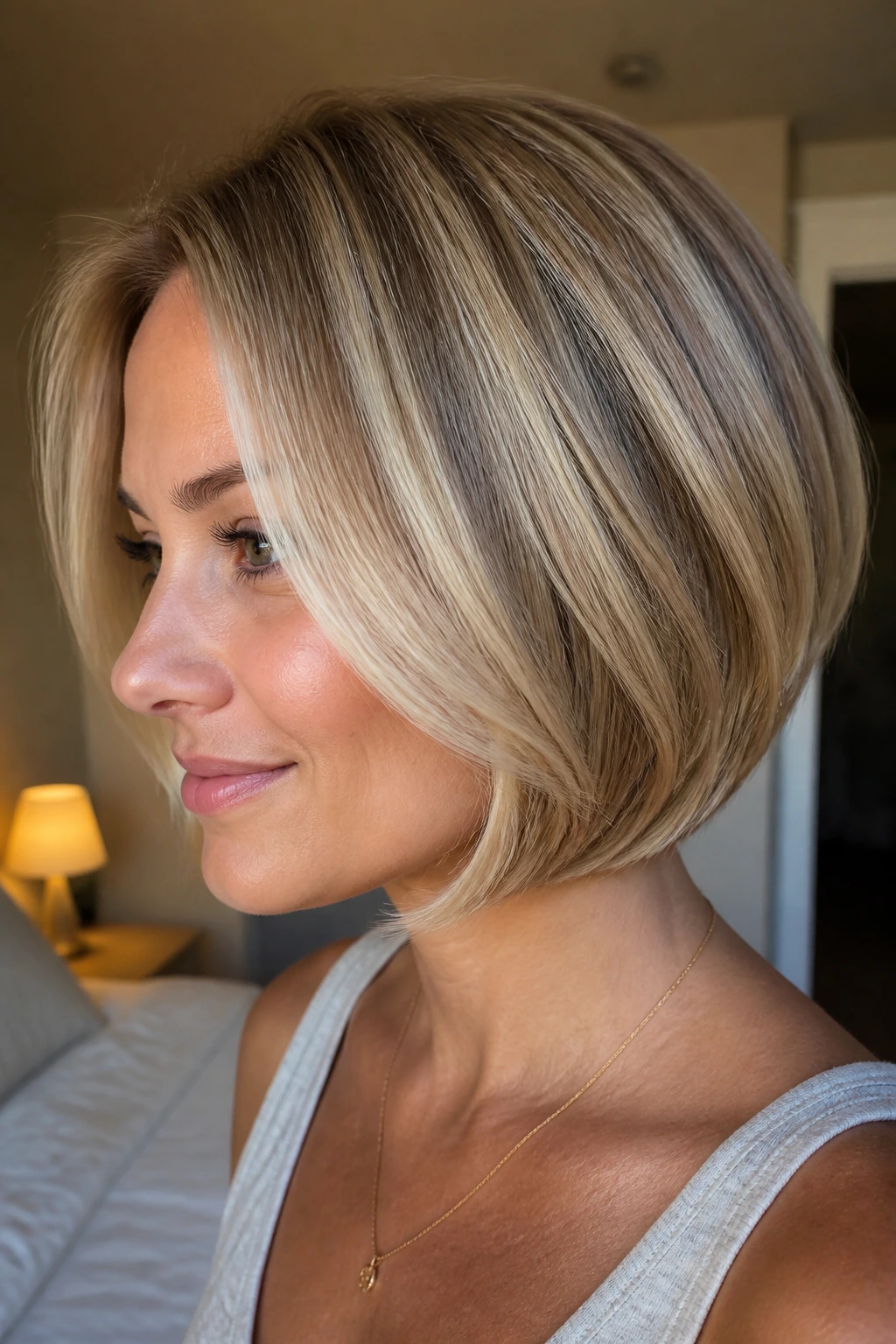 Close-up portrait of a real woman with a curved jaw-length bob showing hidden texture under the top layer