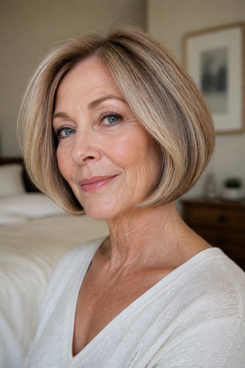 Close-up portrait of a woman with curved bob tucked ends in warm window light
