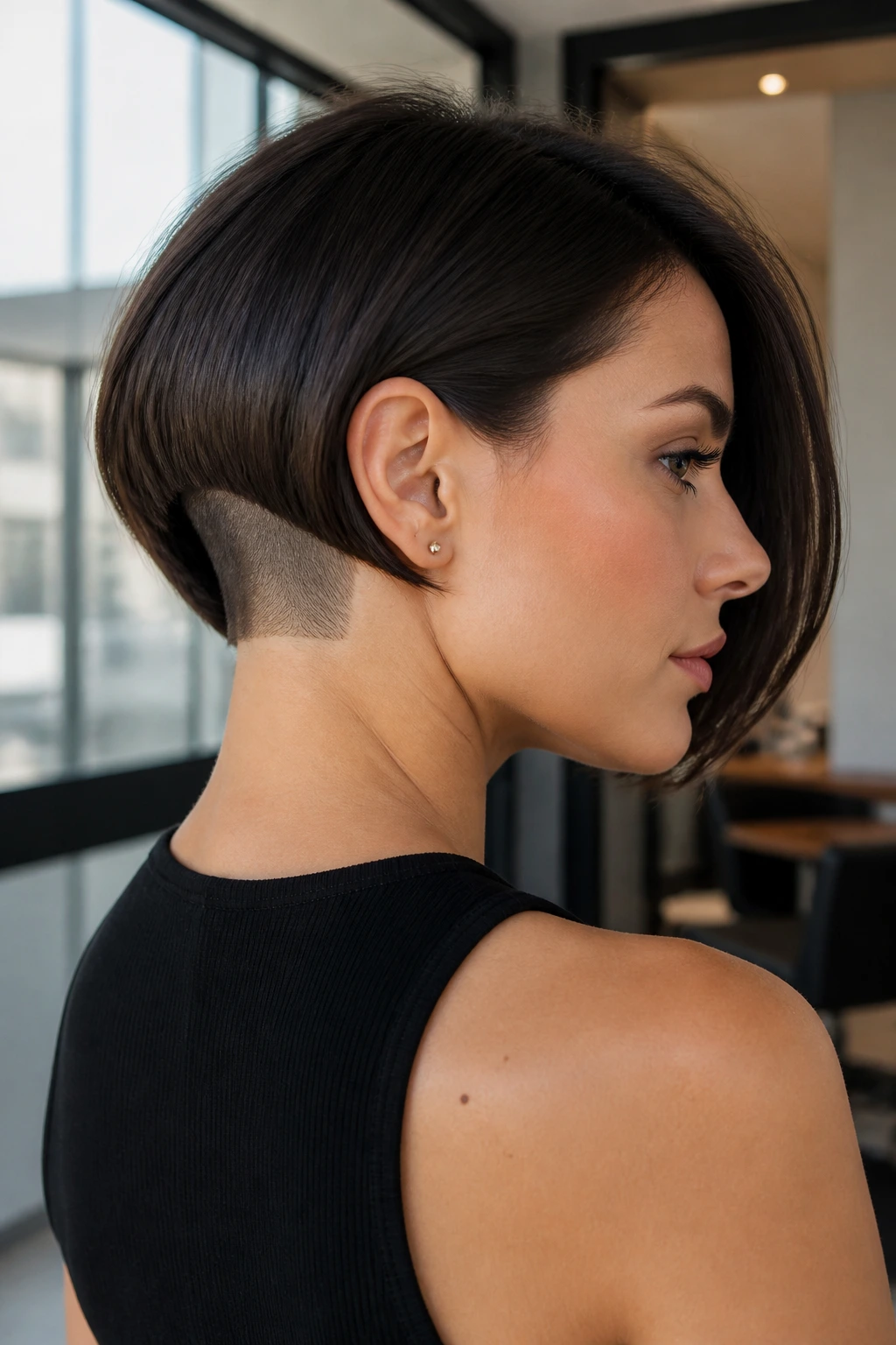Close-up of a real woman with curved bob and underside cutout, sleek interior lighting