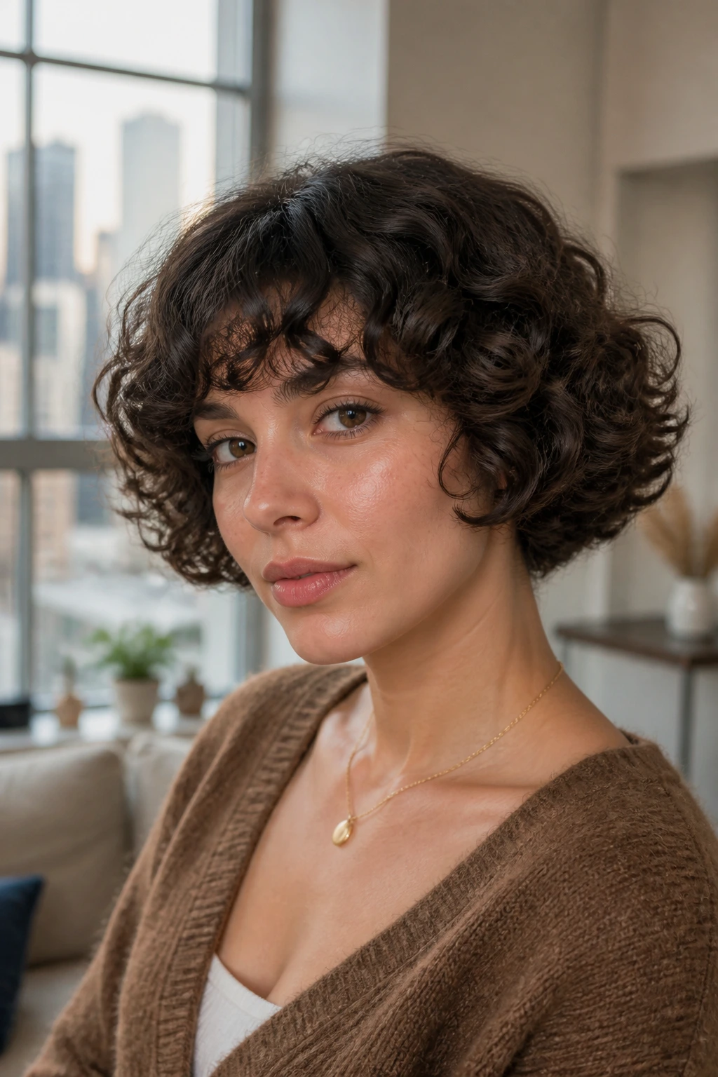 Real person with Curved Bowl Revival hairstyle in a stylish apartment
