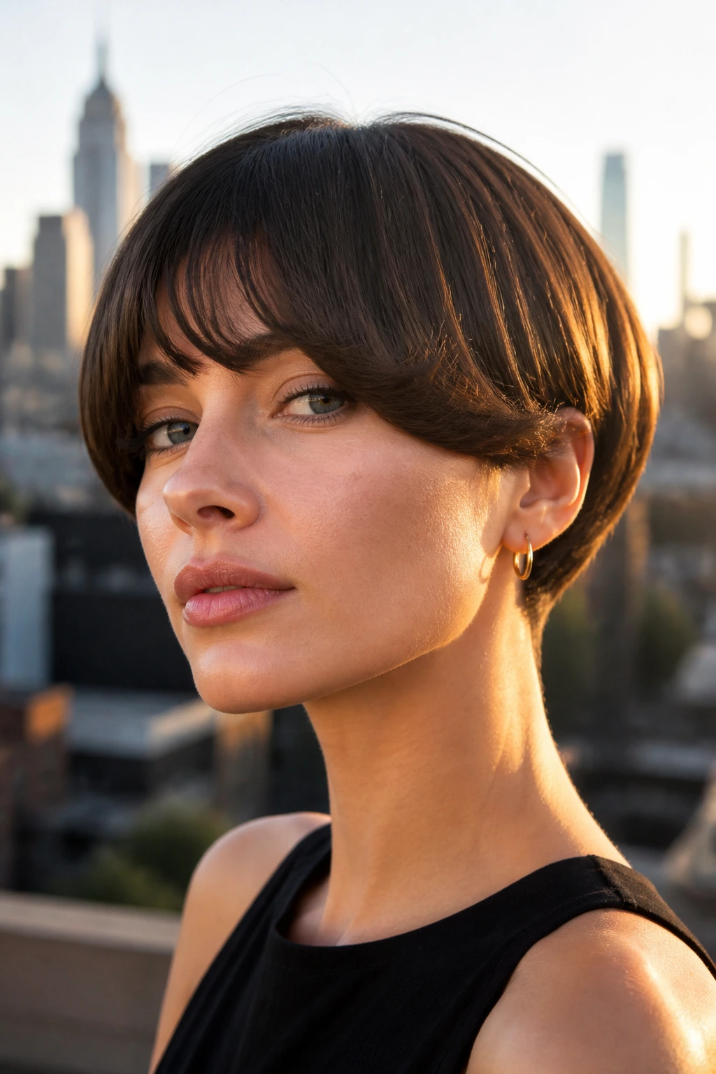 Close-up of a real woman with curved bowl cut and side flip during golden hour.