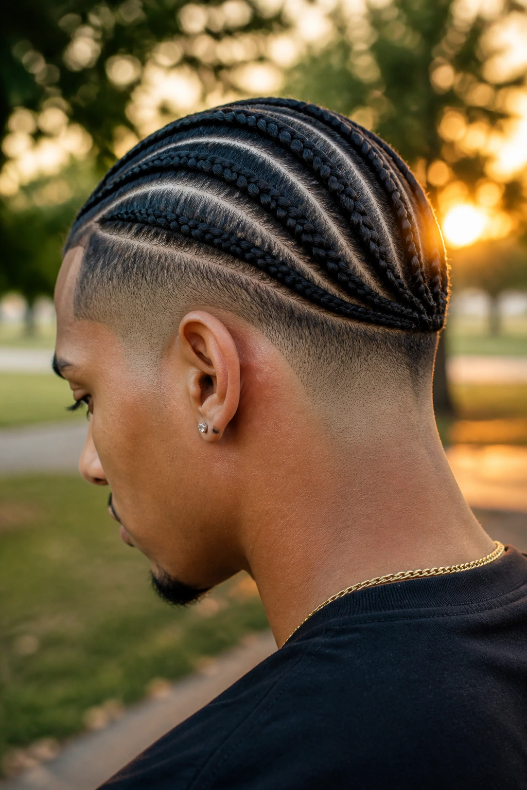Close-up of curved braids sweeping around a fade on a real person