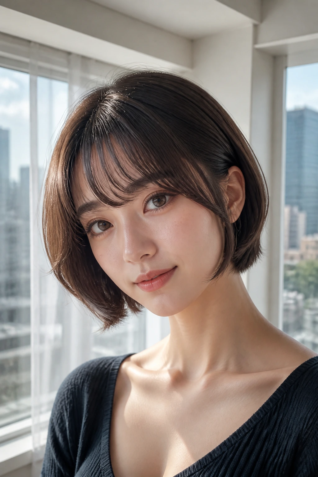 Close-up portrait of a real person with curved C-cut fringe on straight hair in a bright apartment.