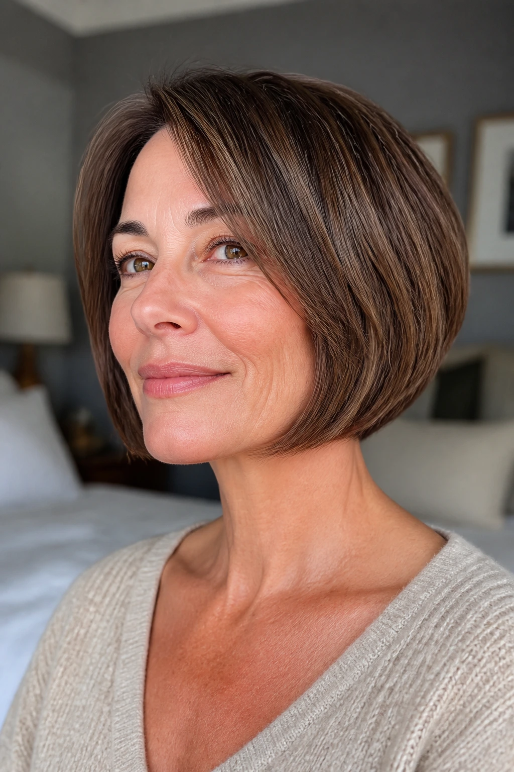Close-up portrait of a real woman with a curved chin-length bob hugging the jaw in warm window light.