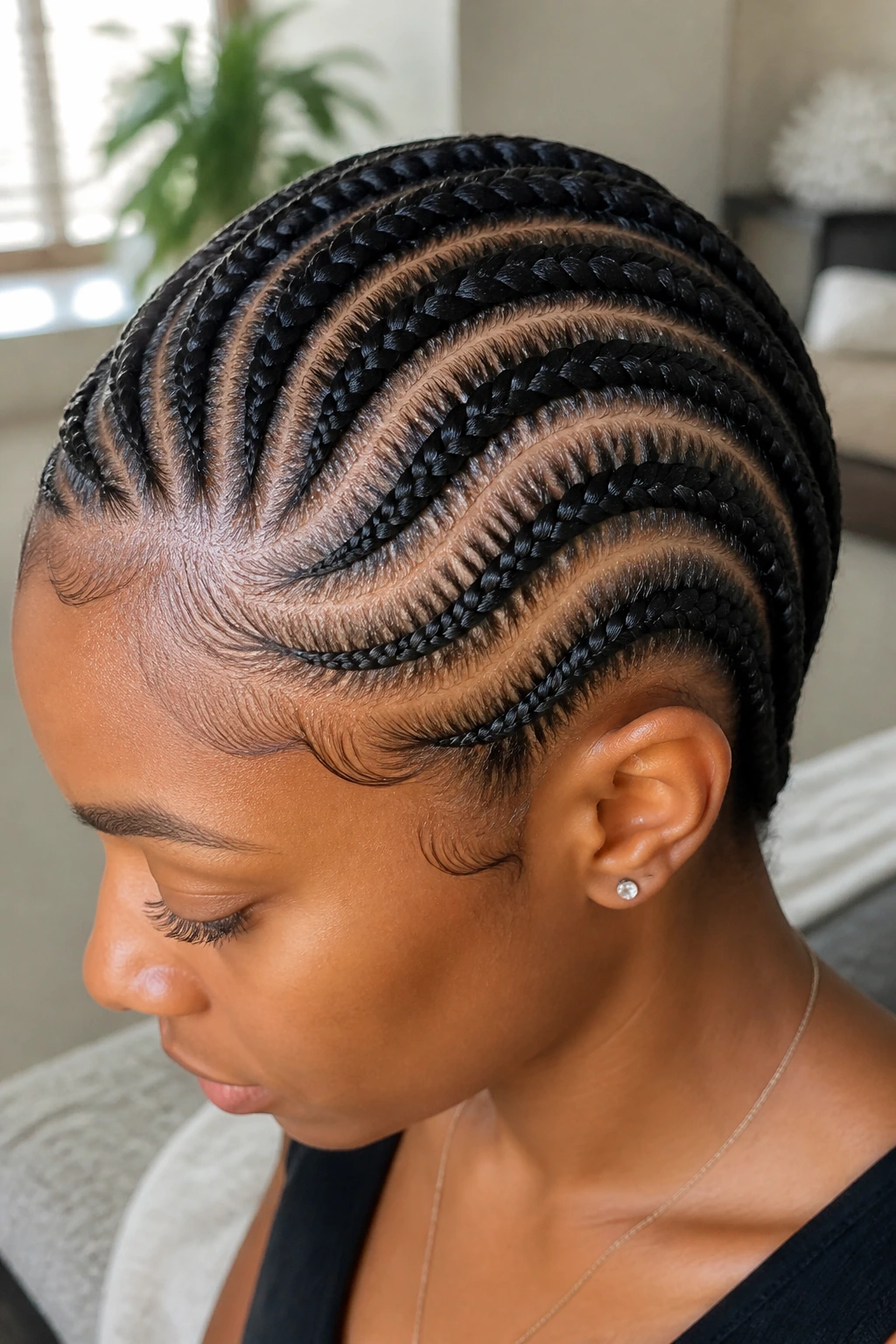 Real person with curved cornrow rows curving around the head